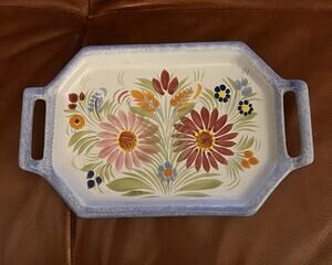 2 Handles Tray , Fleuri Royal Henriot Quimper France Floral Blue White 6 X 10”d